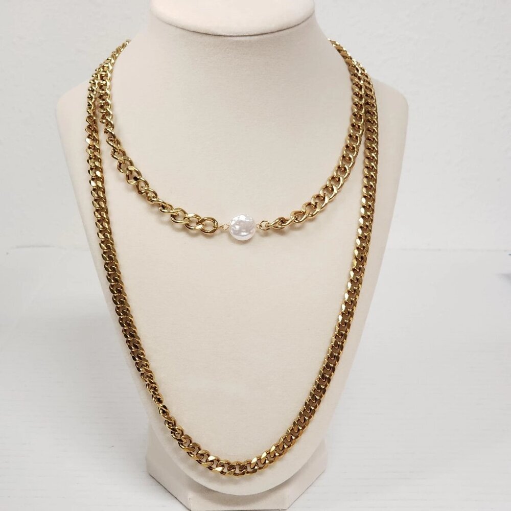 Auth Louis Vuitton Lock&Key Gold w/Unbranded Cuban Style Stainless Double Chain - Picture 11 of 14